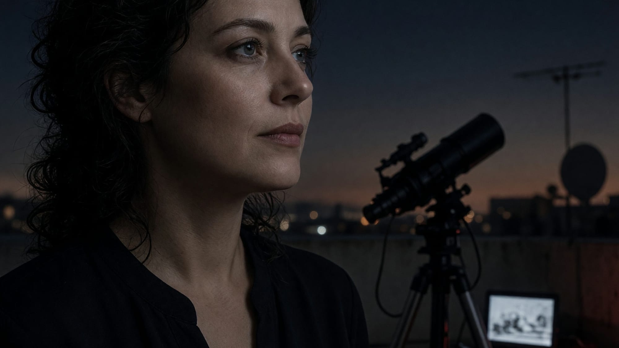 Wren Pettifer beside a small telescope on a city balcony at dusk