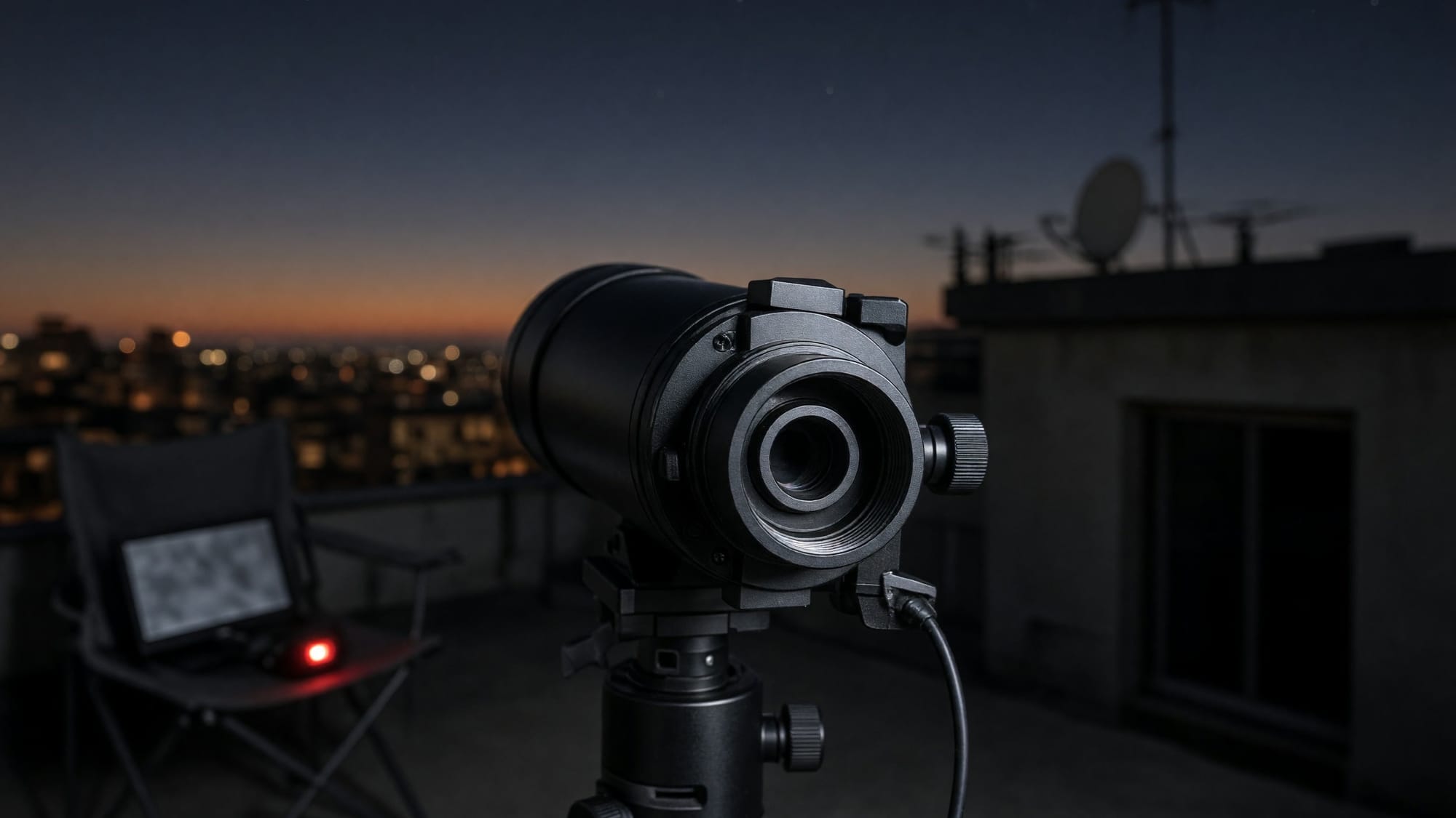 The rear of a telescope tube with a light-pollution filter cell visible